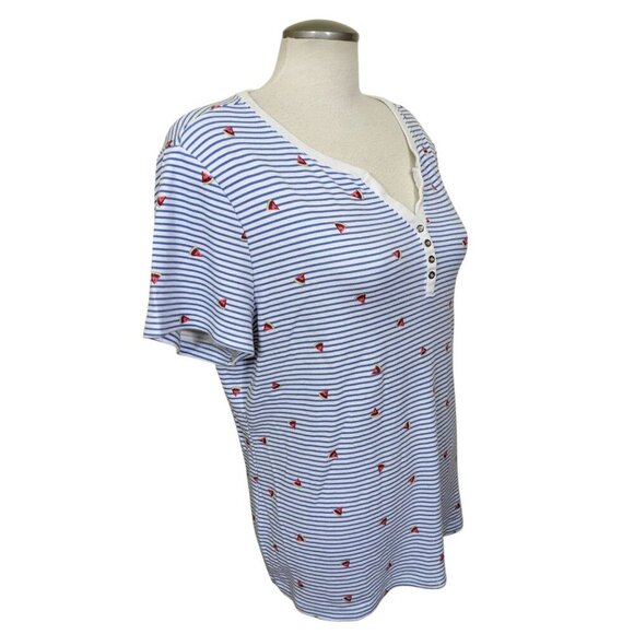 Karen Scott Womens Plus XXL Popover Top Blue White Stripe Button Neck Watermelon - Picture 8 of 10